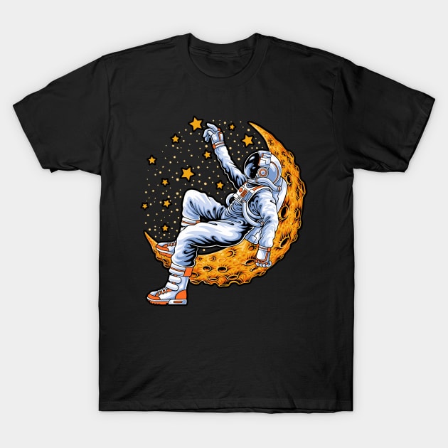 Astronaut sitting on the crescent moon T-Shirt by Pixel Poetry